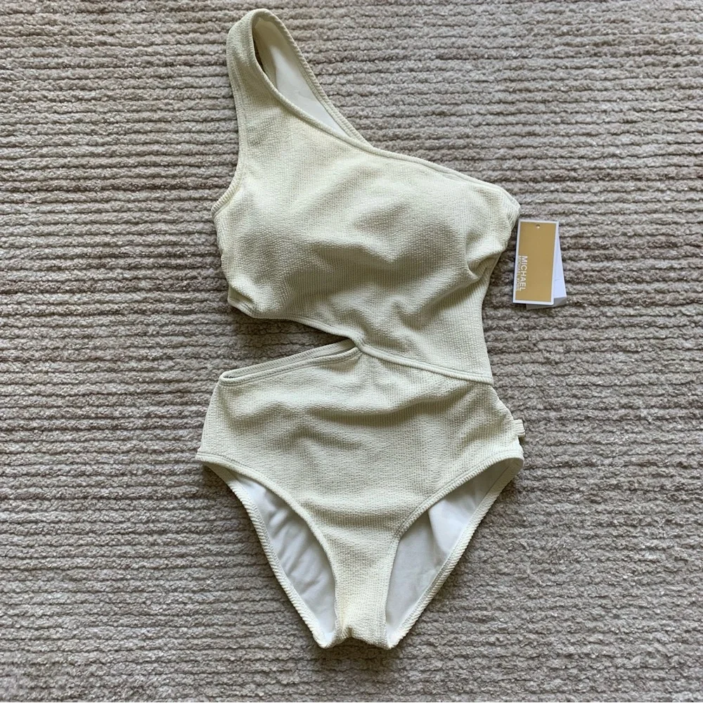 Michael Kors Textured One Shoulder Swimsuit Cream NWT Size 8